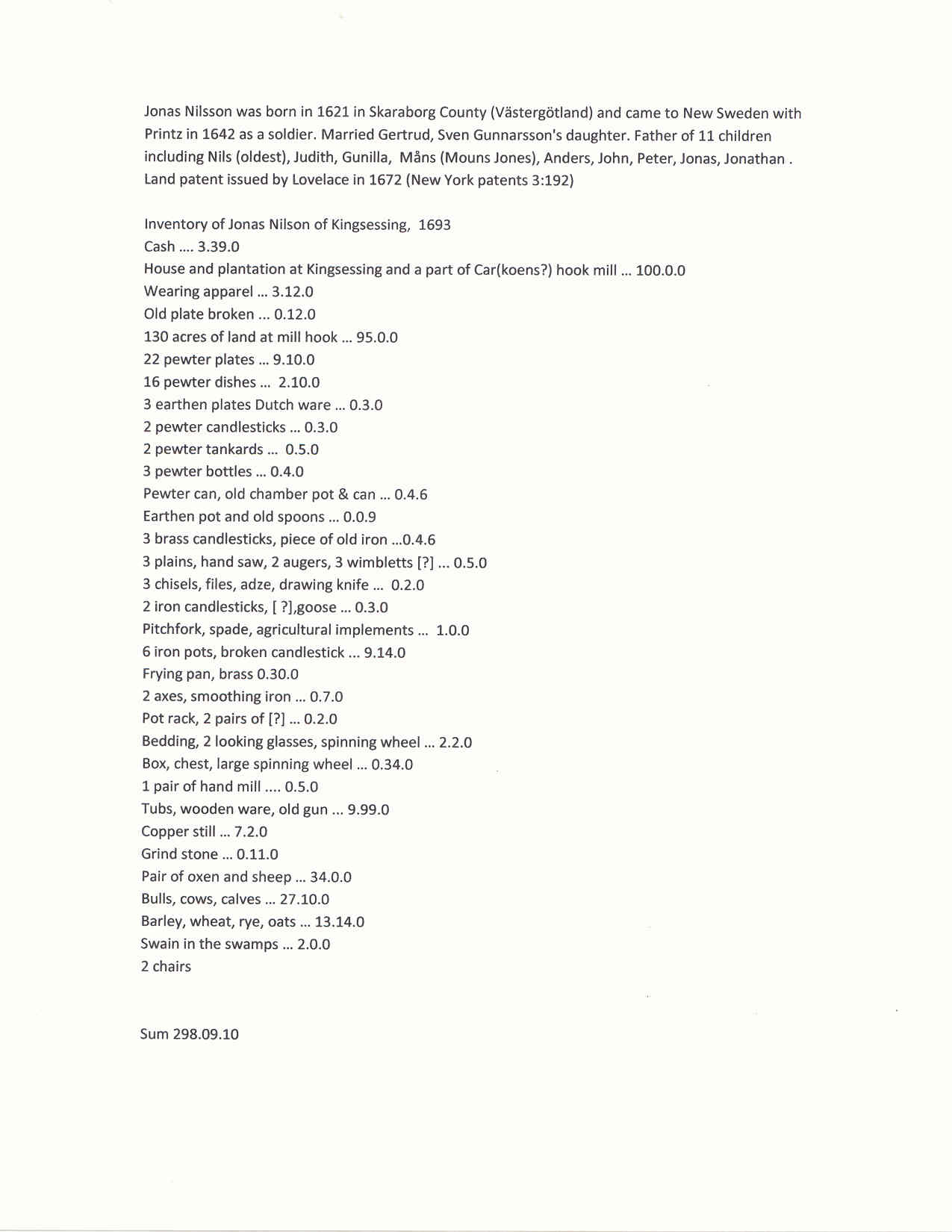 Mouns Jones, Jonas Nilsson will & estate inventory transcript (c.1693)