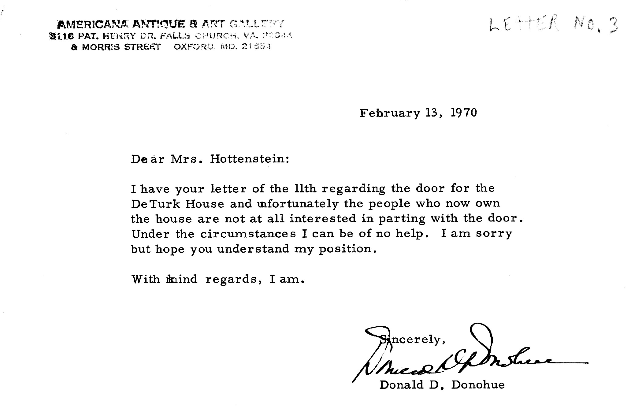 Letter re: DeTurk door (1970)