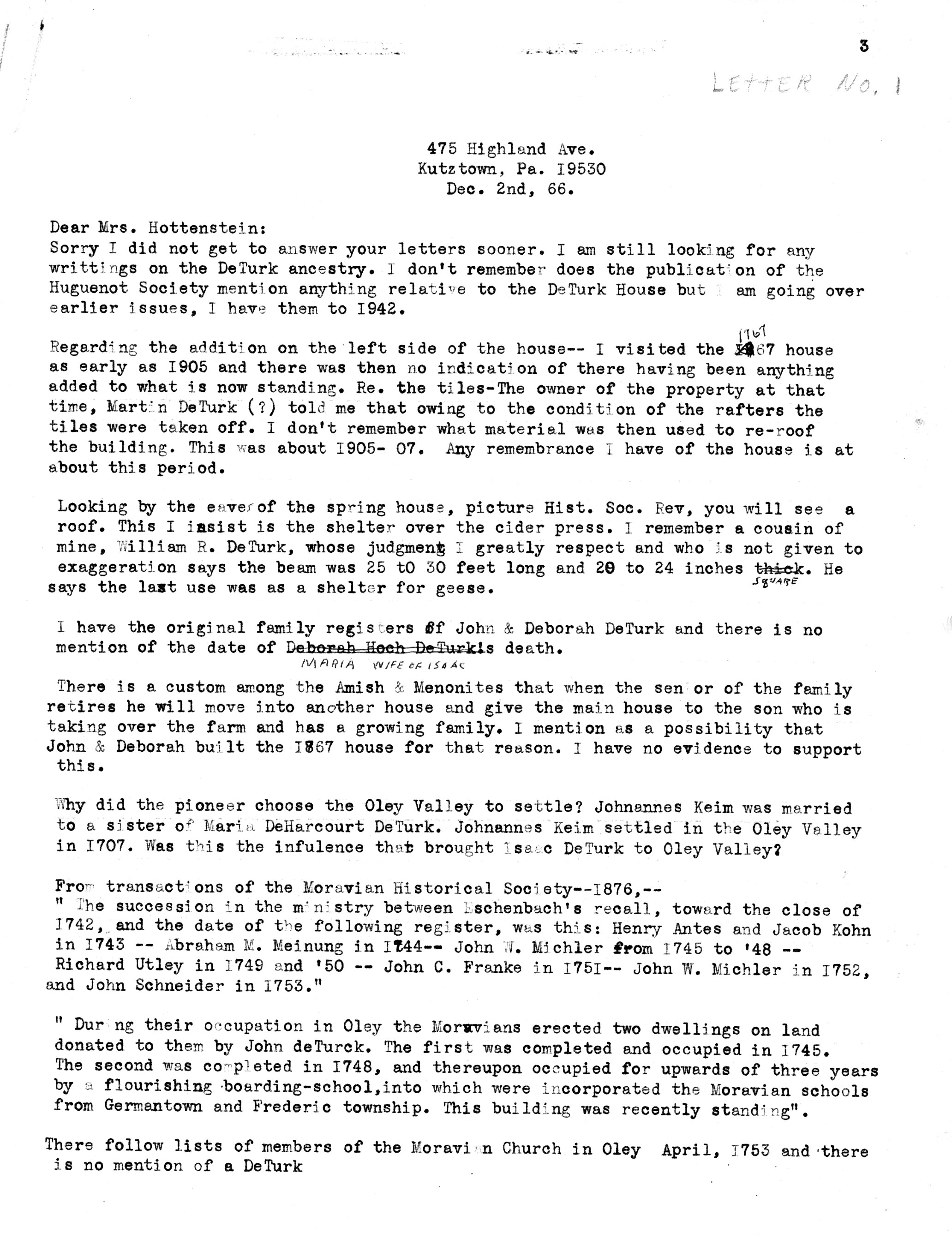 Laurence DeTurk Letter (1966)