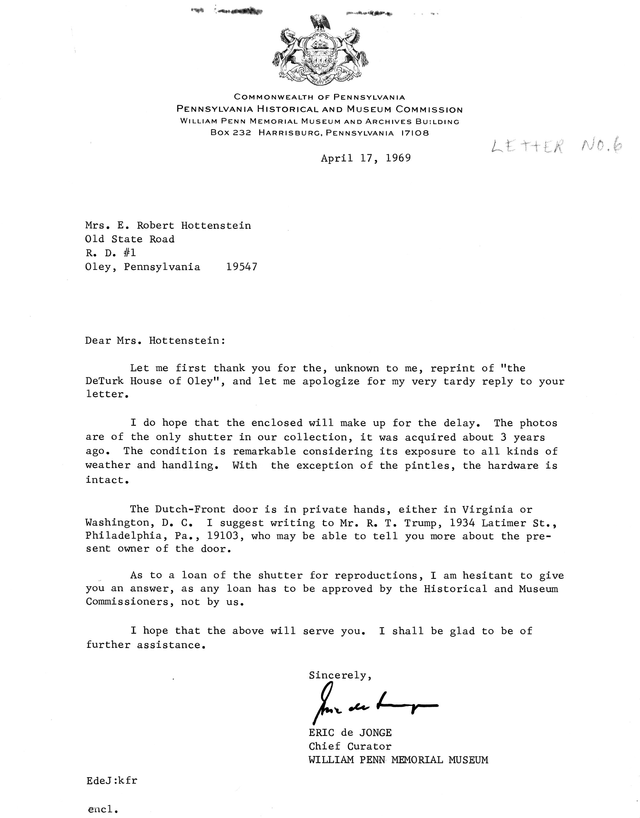 Letter from PHMC re: DeTurk door (1969)