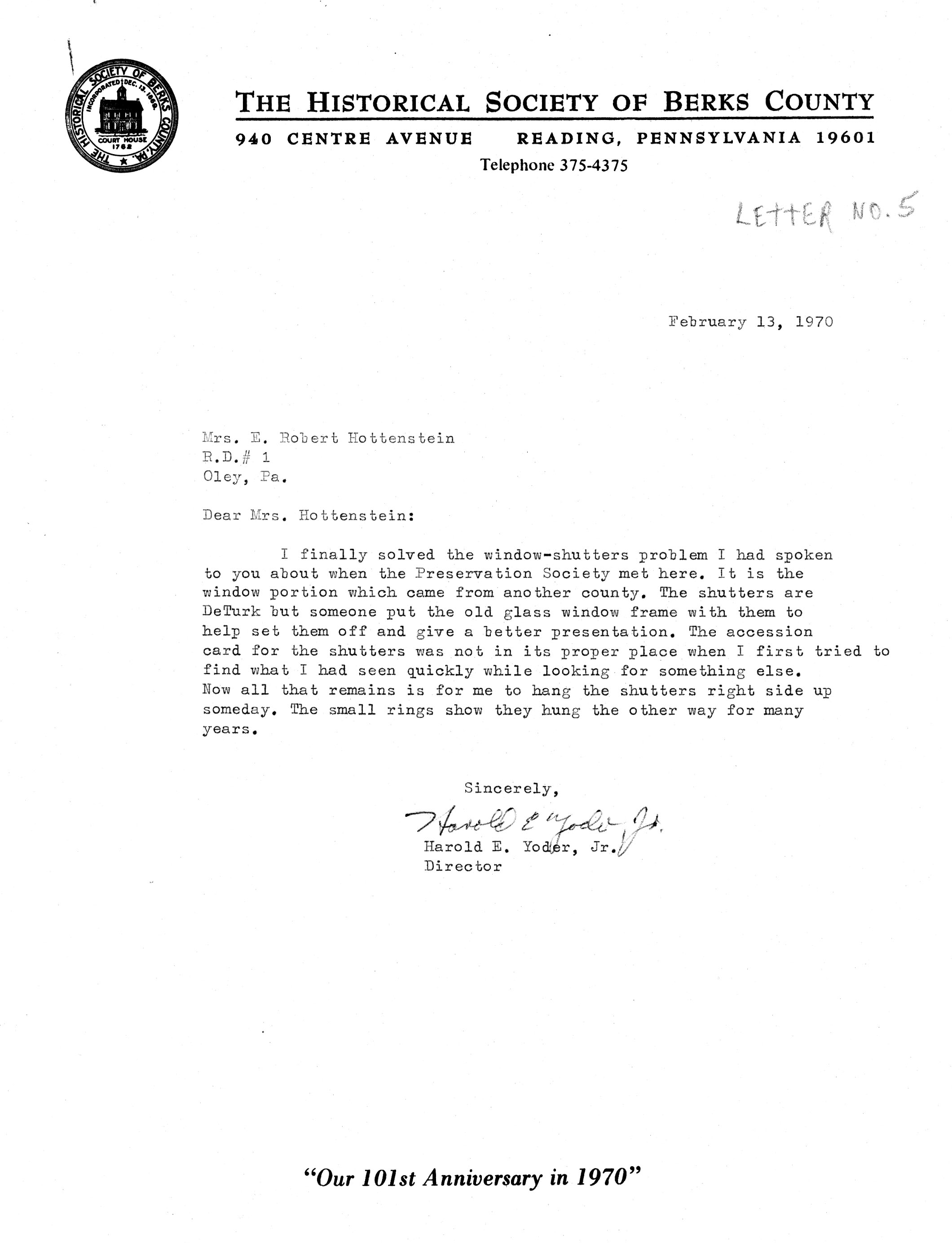 Letter re: DeTurk shutters (1970)
