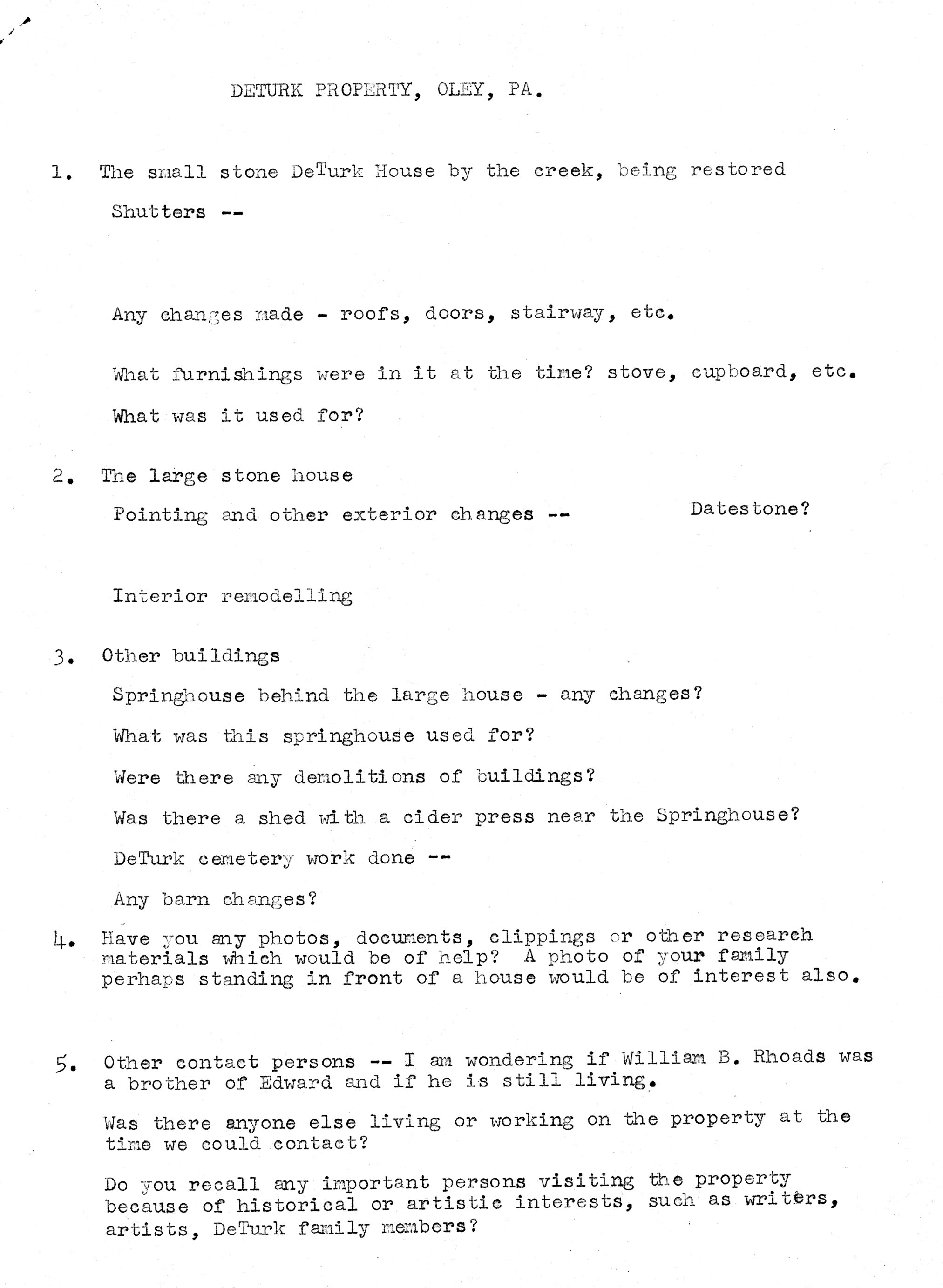 Mrs. Hottendtein's original list of queries