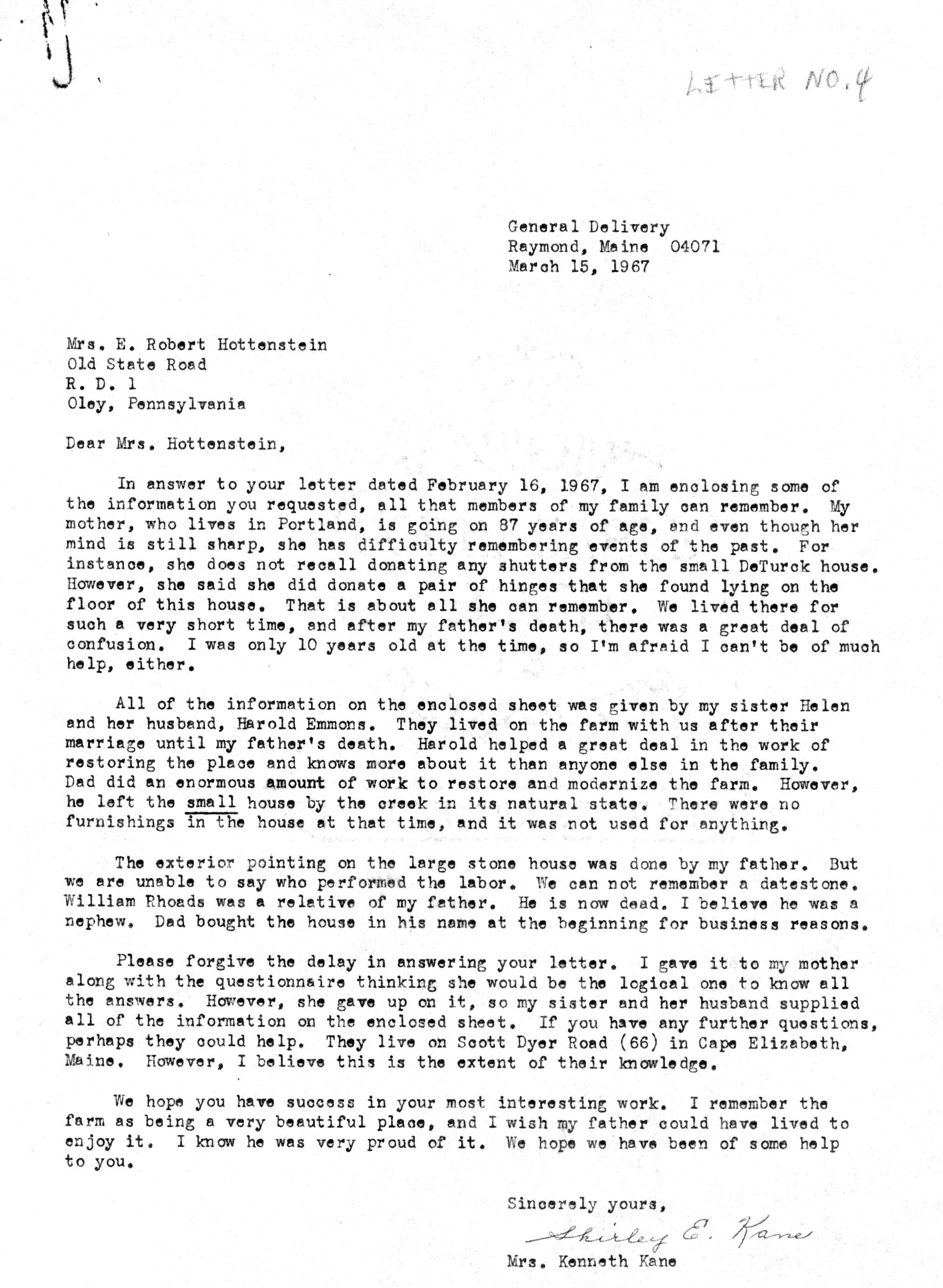 Mrs. Hottenstein's reply in letters re: DeTurk farm & family history (1967)
