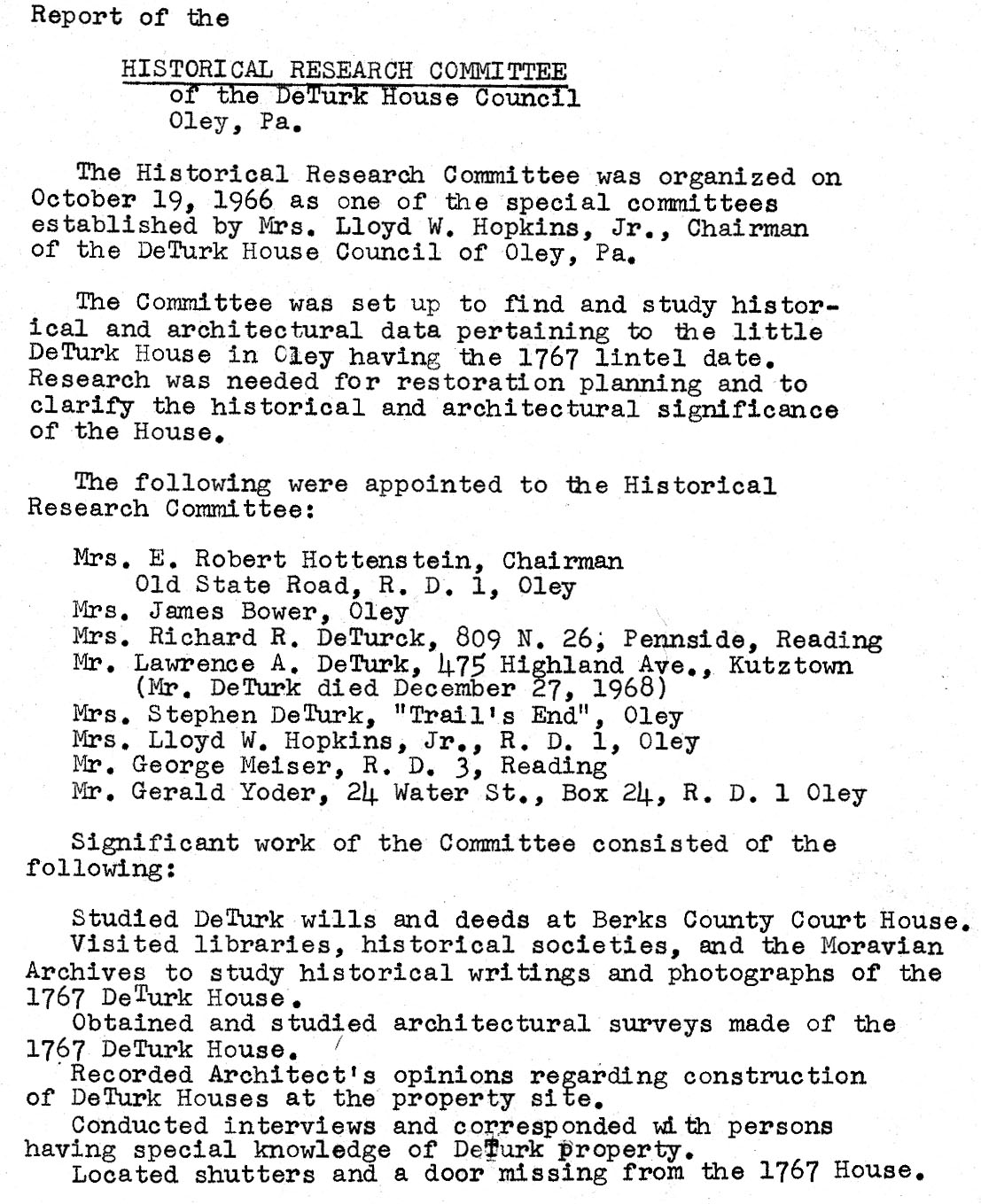Research committee report re: DeTurk family history, page 1 (1970)