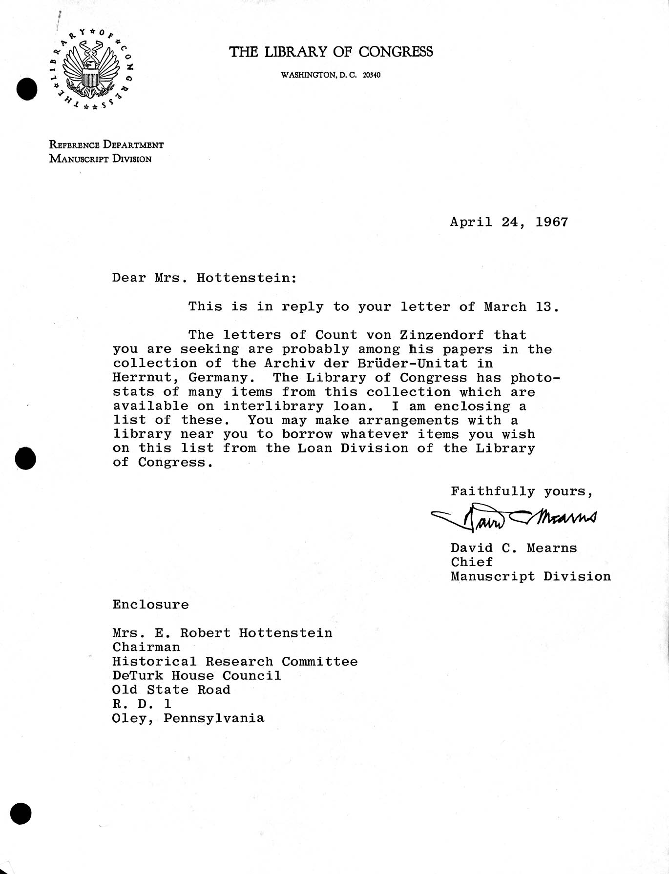 Letter from Library of Congress re: Moravian historical documents (1967)