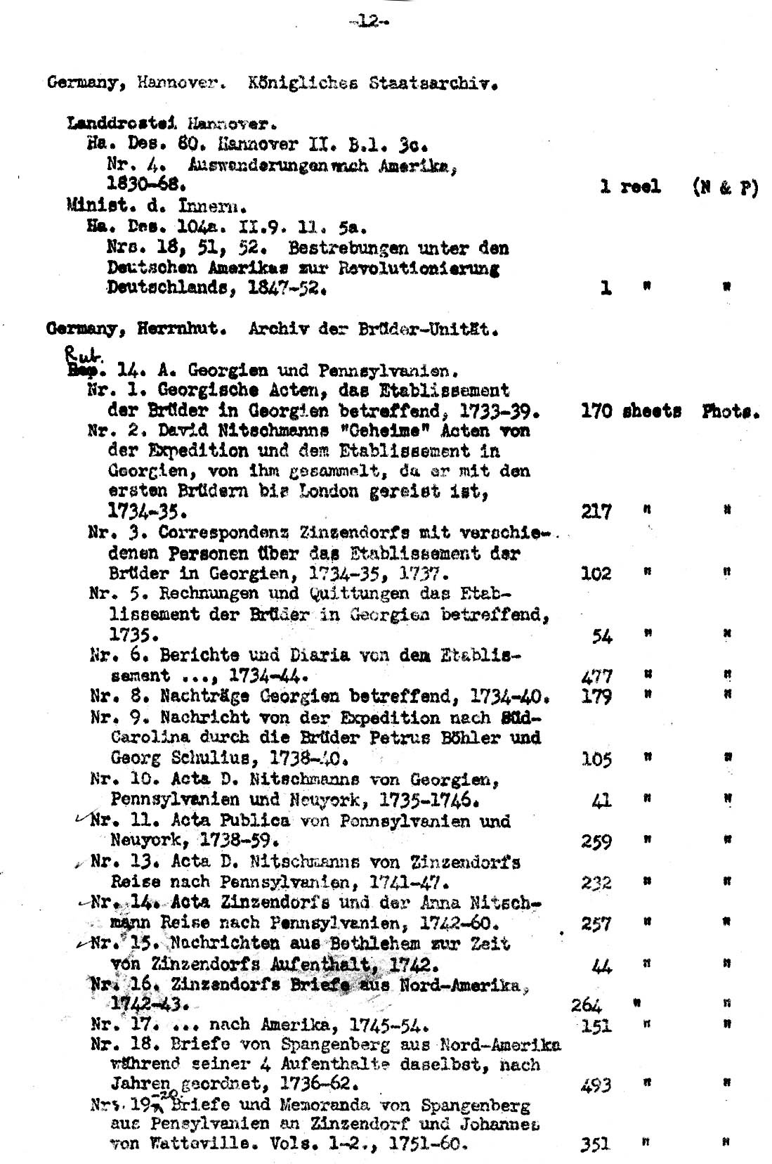 List from Library of Congress re: Zinzendorf Manuscripts (1967)