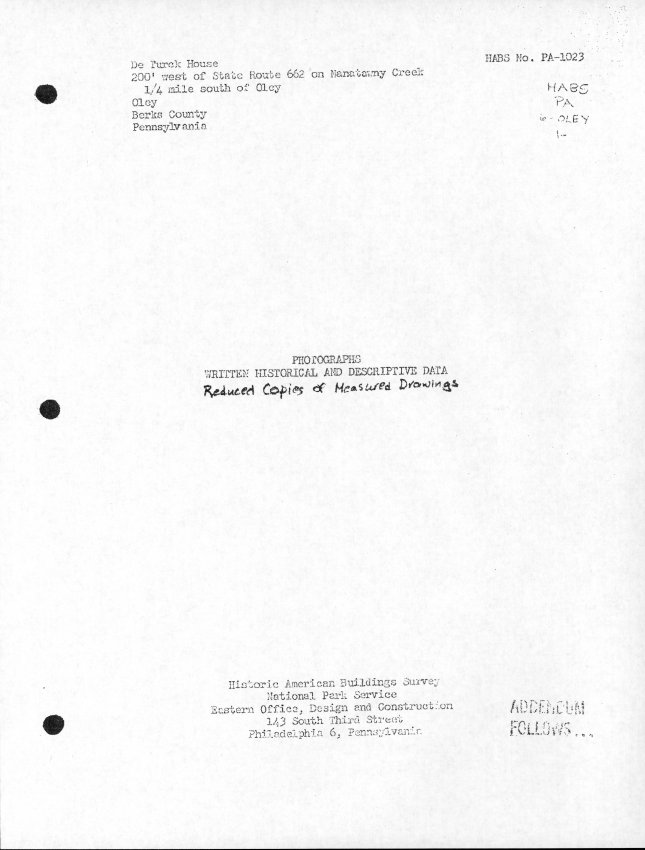 HABS summary of DeTurk records, cover page (1958)