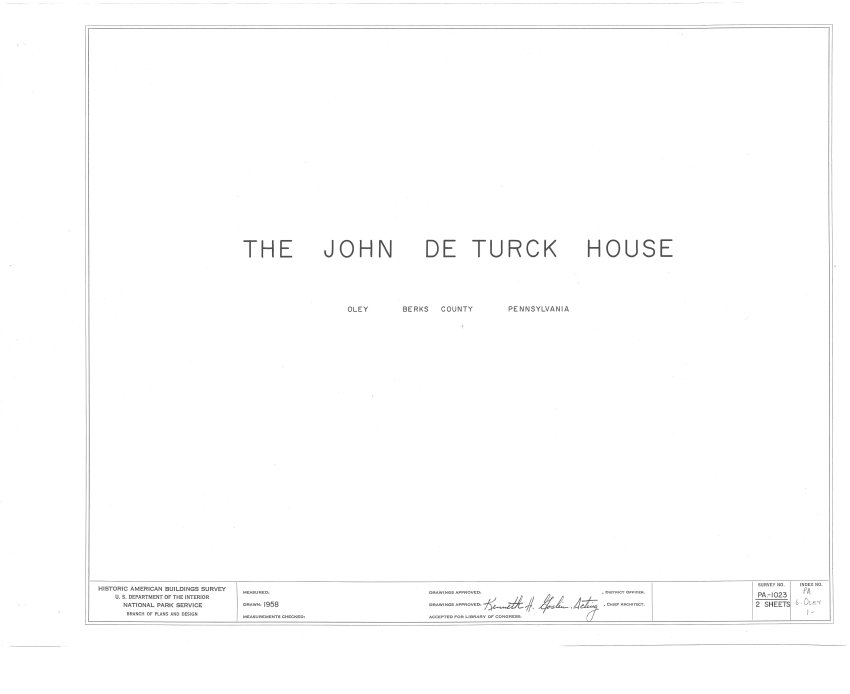 HABS list of DeTurk house drawings, cover page (1958)