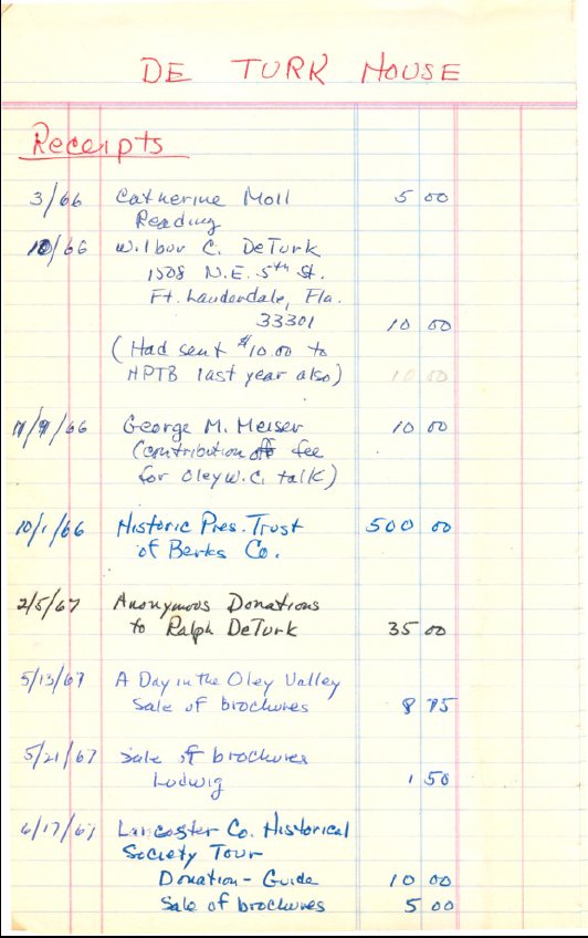 DeTurk restoration ledger, Page 1 (1966-1975)