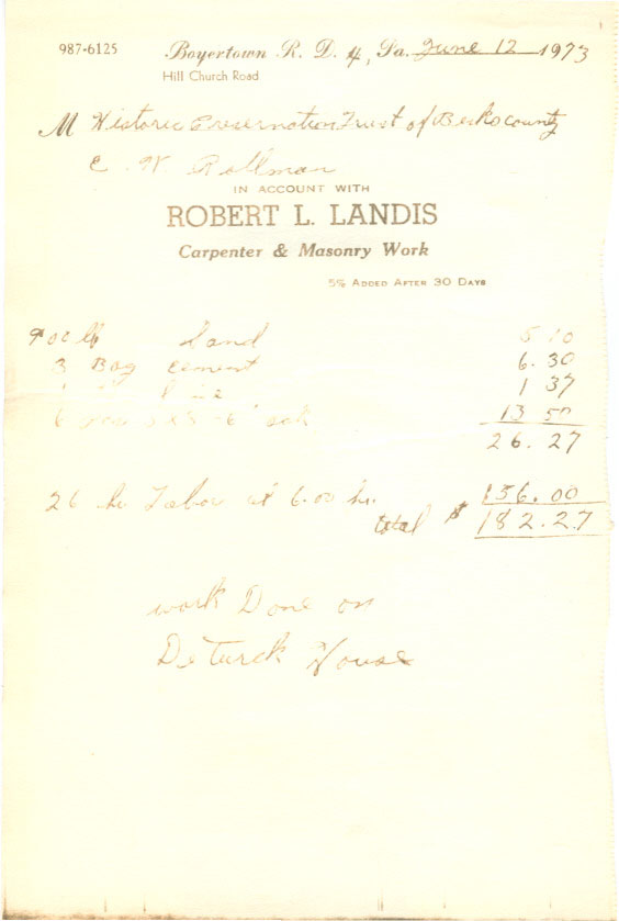 Invoice for masonry work done to DeTurk House (1973)