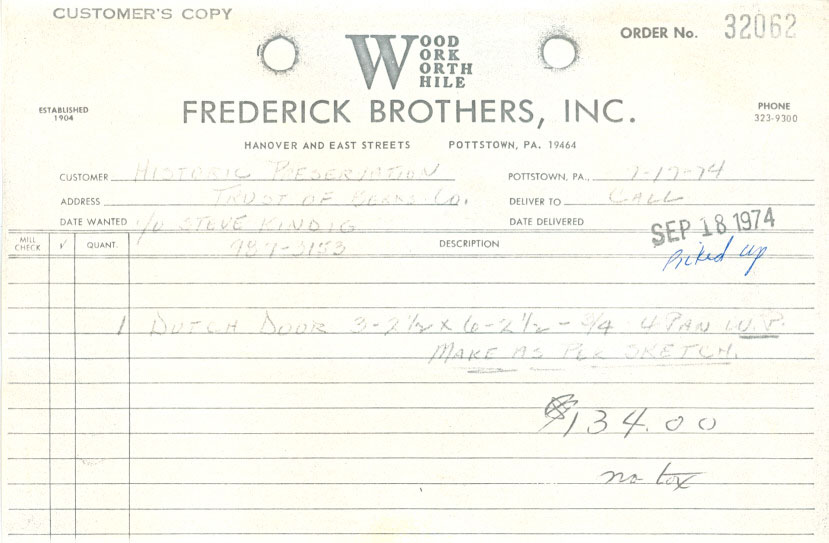 Frederick Brothers invoice for DeTurk house Dutch door (1974)