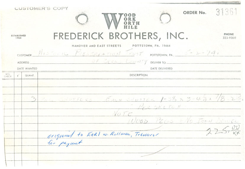 Frederick Brothers invoice for DeTurk House shutters (1974)