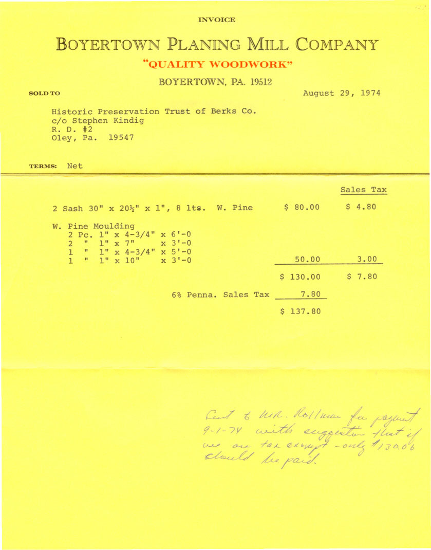 Boyertown Planing Mill invoice for DTH window sash & door molding (1974)