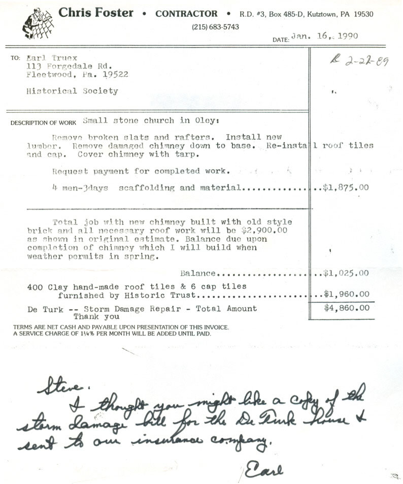 Chris foster invoice for DeTurkl house clay tile roof & chimney work (1990)
