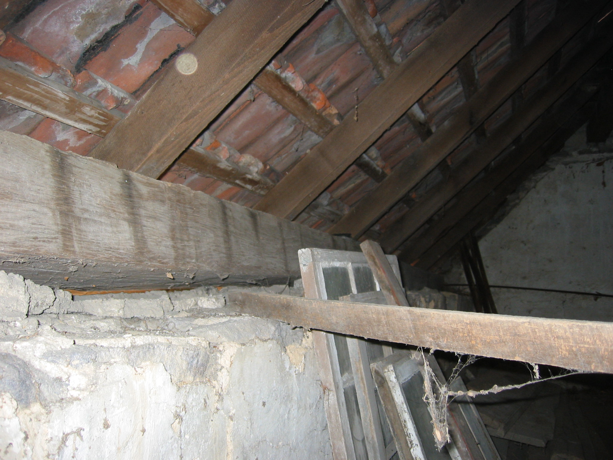 DeTurk House attic interior, east eaves wall looking southeast (2009)