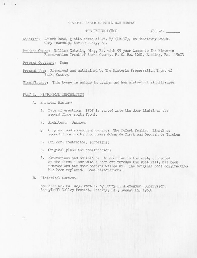 DeTurk House, unfiled HABS documents page 1 of 10 (1985)
