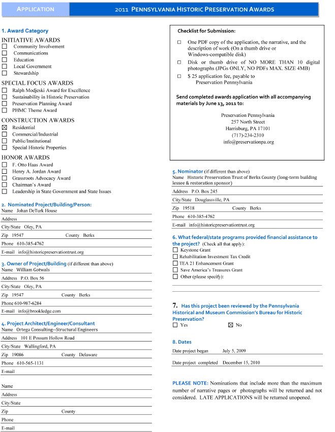 DeTurk House, Preservation PA Awards application, page 1 (2011)