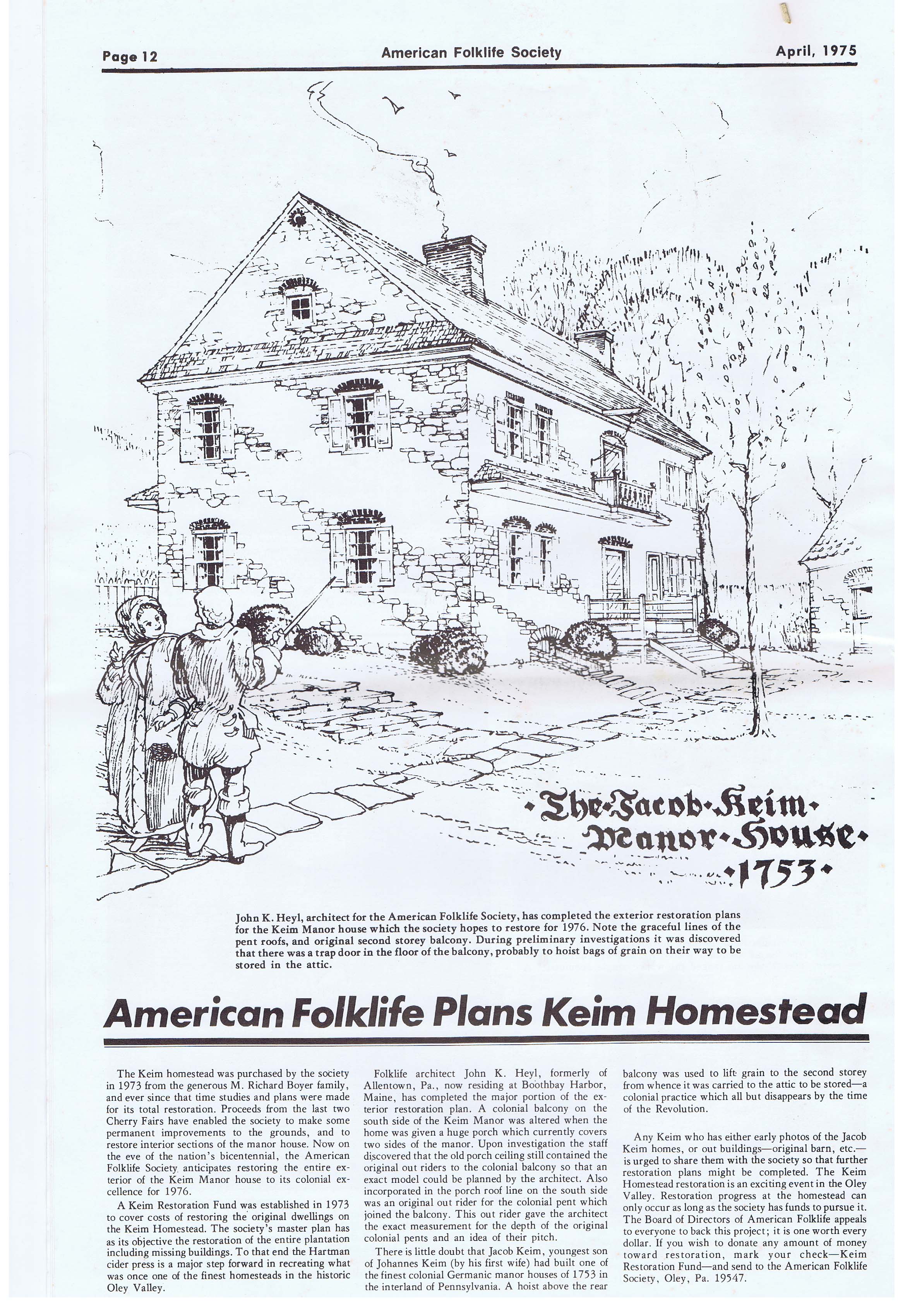 Keim Farmstead, article re: American Folklife Society Plans (1975)