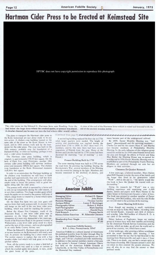Keim Cider press, article re: relocation (1975)