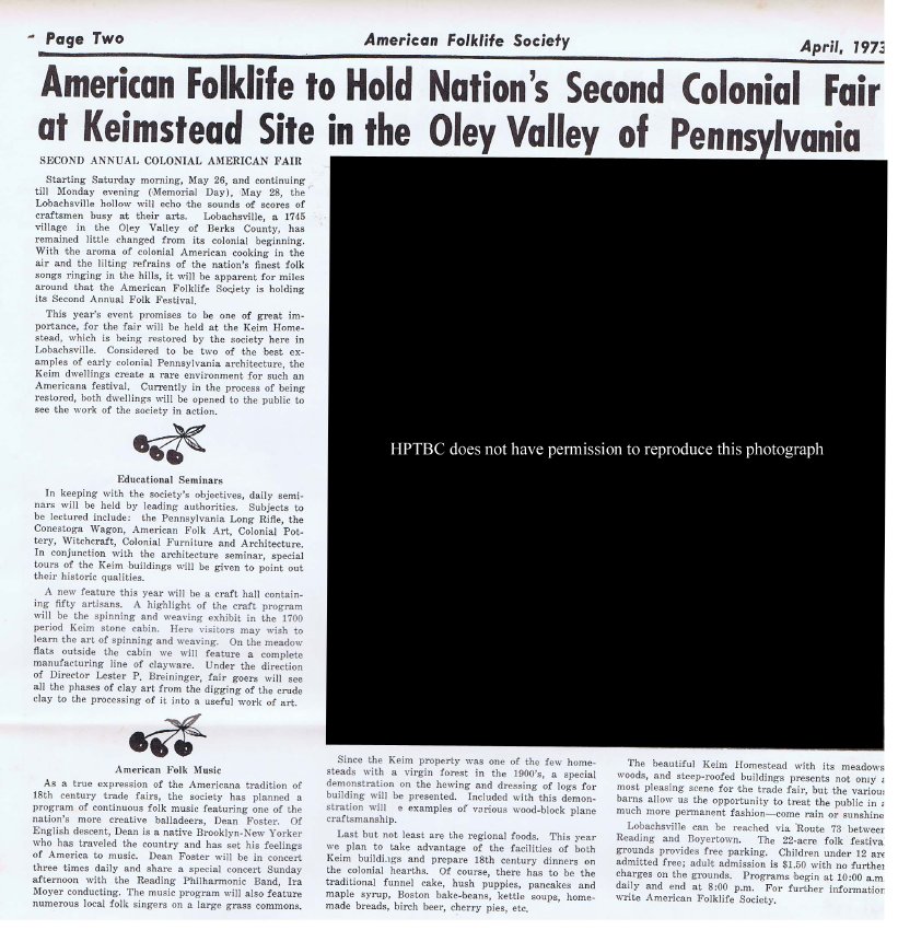 Keim Farmstead, article re: Colonial American Folklife Fair (1973)