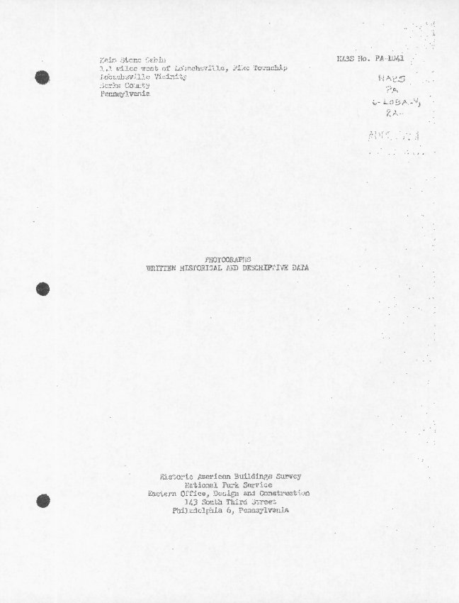 Keim Cabin HABS photo descriptions, cover page (1958)
