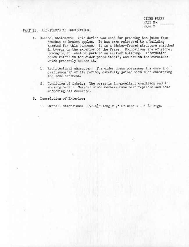 Keim Cider Press, unfiled HABS data sheet, page #2 (1984)