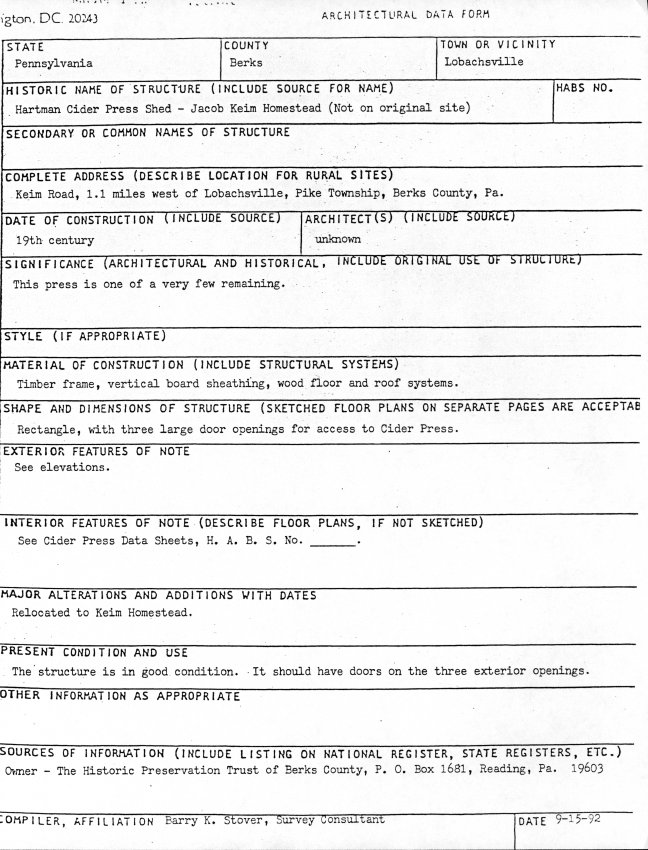 Keim Cider Press, unfiled HABS data sheet (1992)