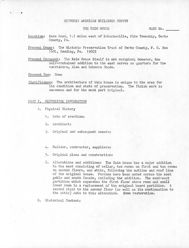 Keim House, unfiled HABS data sheet, page#1 (1985)