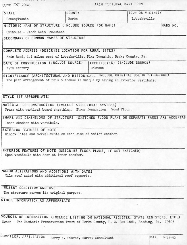 Keim Outhouse, unfiled HABS data sheet (1992)