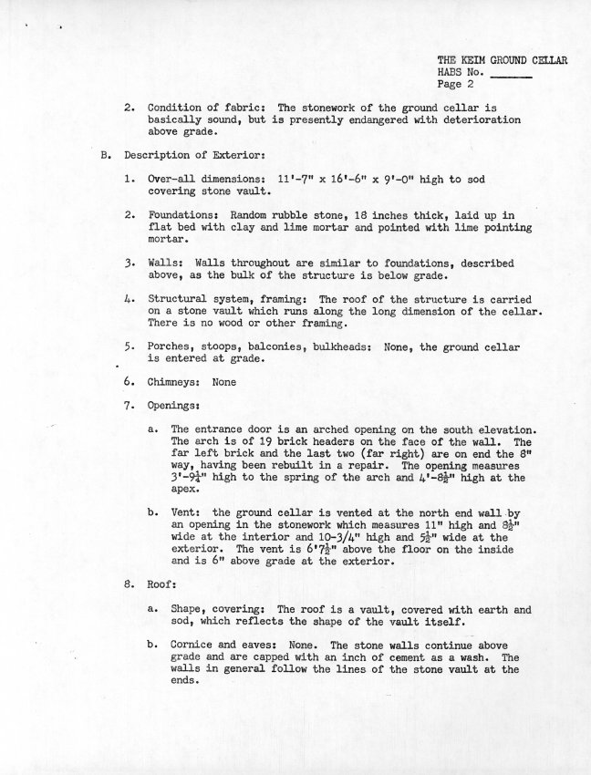 Keim Ground Cellar, unfiled HABS data sheets, page #2 (1985)