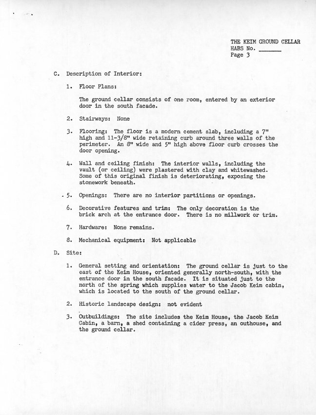 Keim Ground Cellar, unfiled HABS data sheets, page #3 (1985)