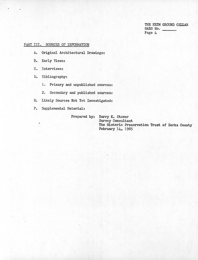 Keim Ground Cellar, unfiled HABS data sheets, page #4 (1985)