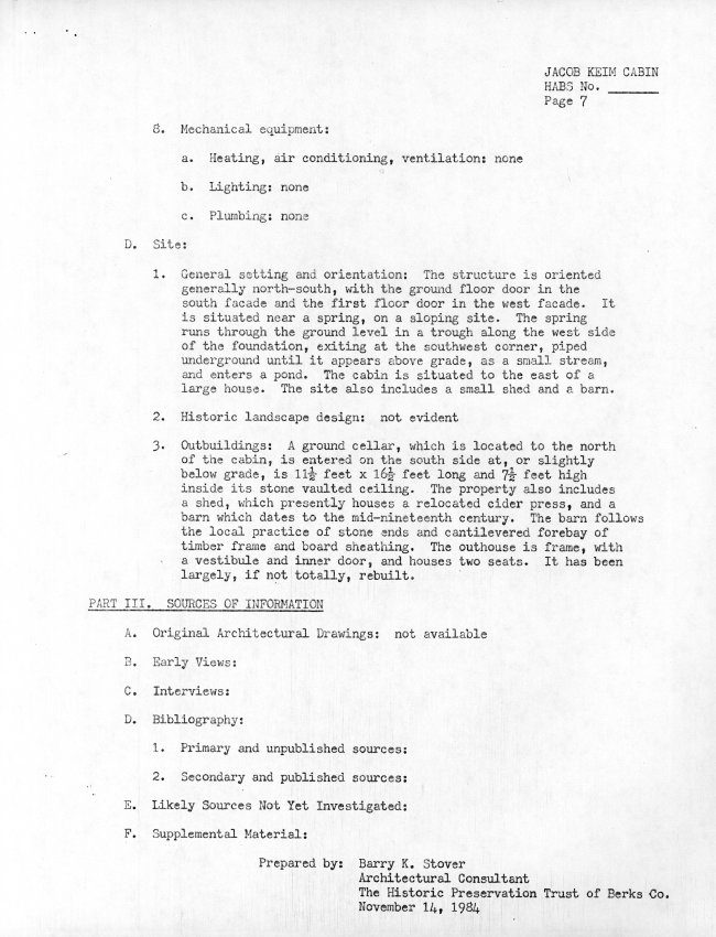 Keim Cabin, unfiled HABS data sheets, page #7 (1984)