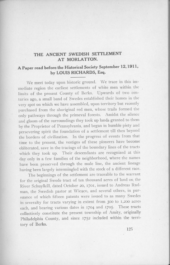 Essay on swedish settlement @ Morlatton, HSBC Transactions vol. III (1923)