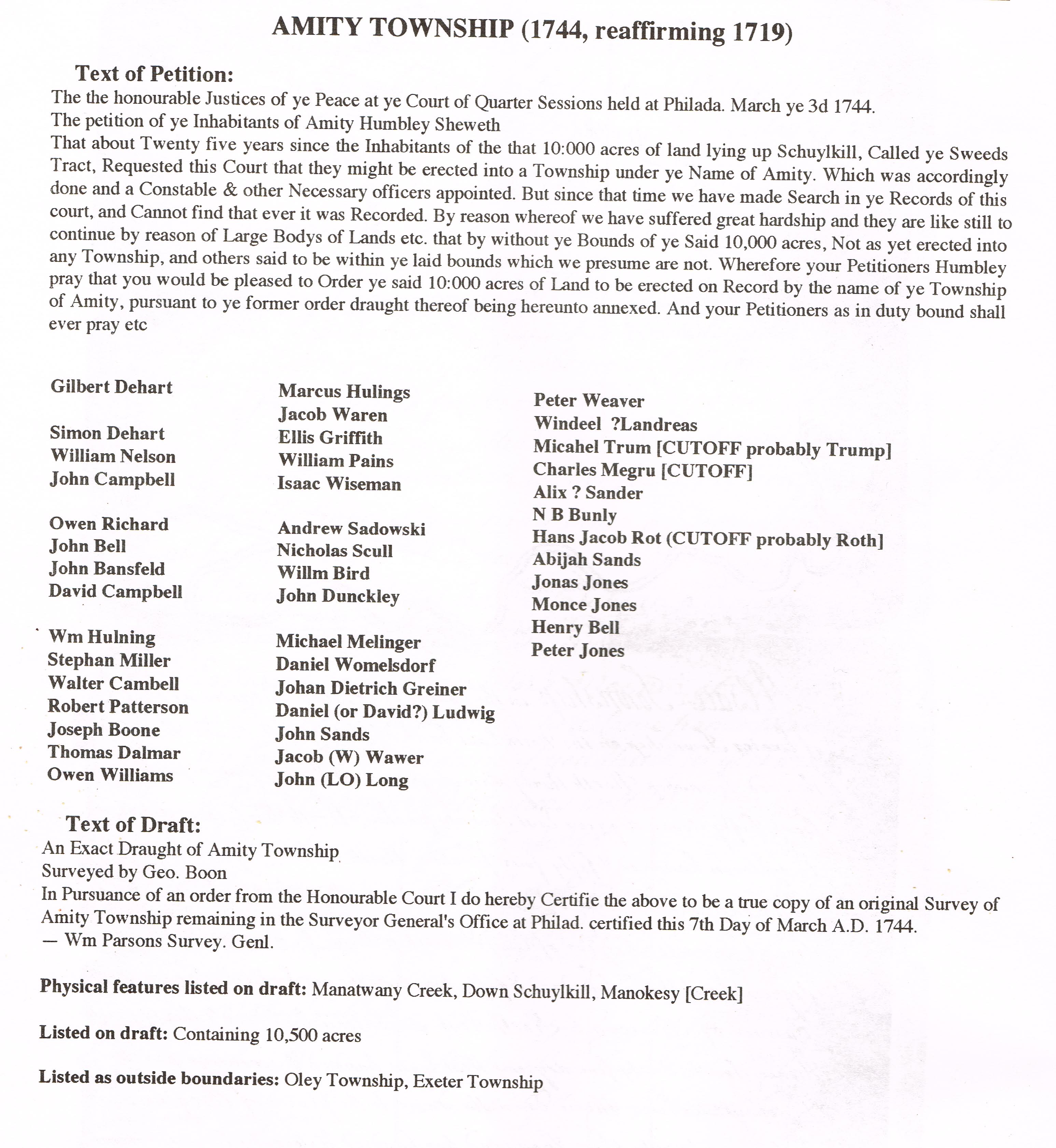 Morlatton Village, transcript of Amity Township Petition, image #1 (1744)