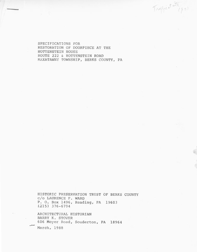 Hottenstein House, door restoration specs, cover page (1988)