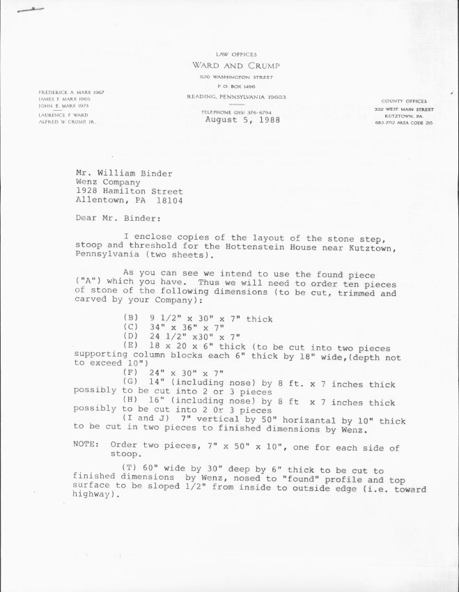 Hottenstein House, instructions for cutting stoop stones, page 1 (1988)