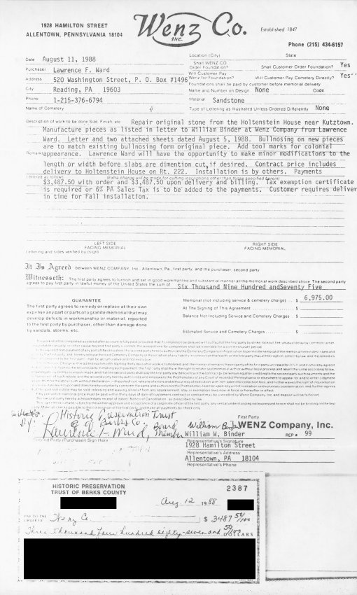 Hottenstein House, stone cutting estimate/contract (1988)