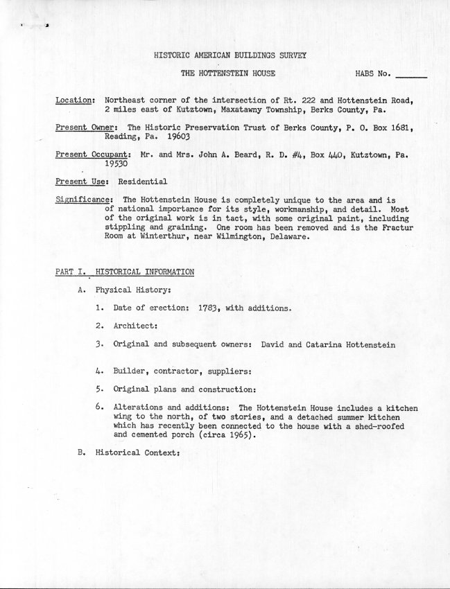 Hottenstein House, unfiled HABS documents, page #1 (1985)