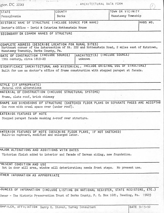 Hottenstein Docotor's Office, unfiled HABS documents (1992)