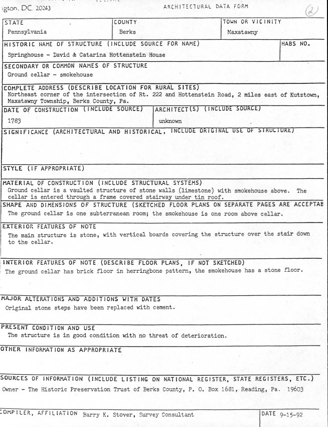 Hottenstein Ground Cellar/Smokehouse, unfiled HABS documents (1992)