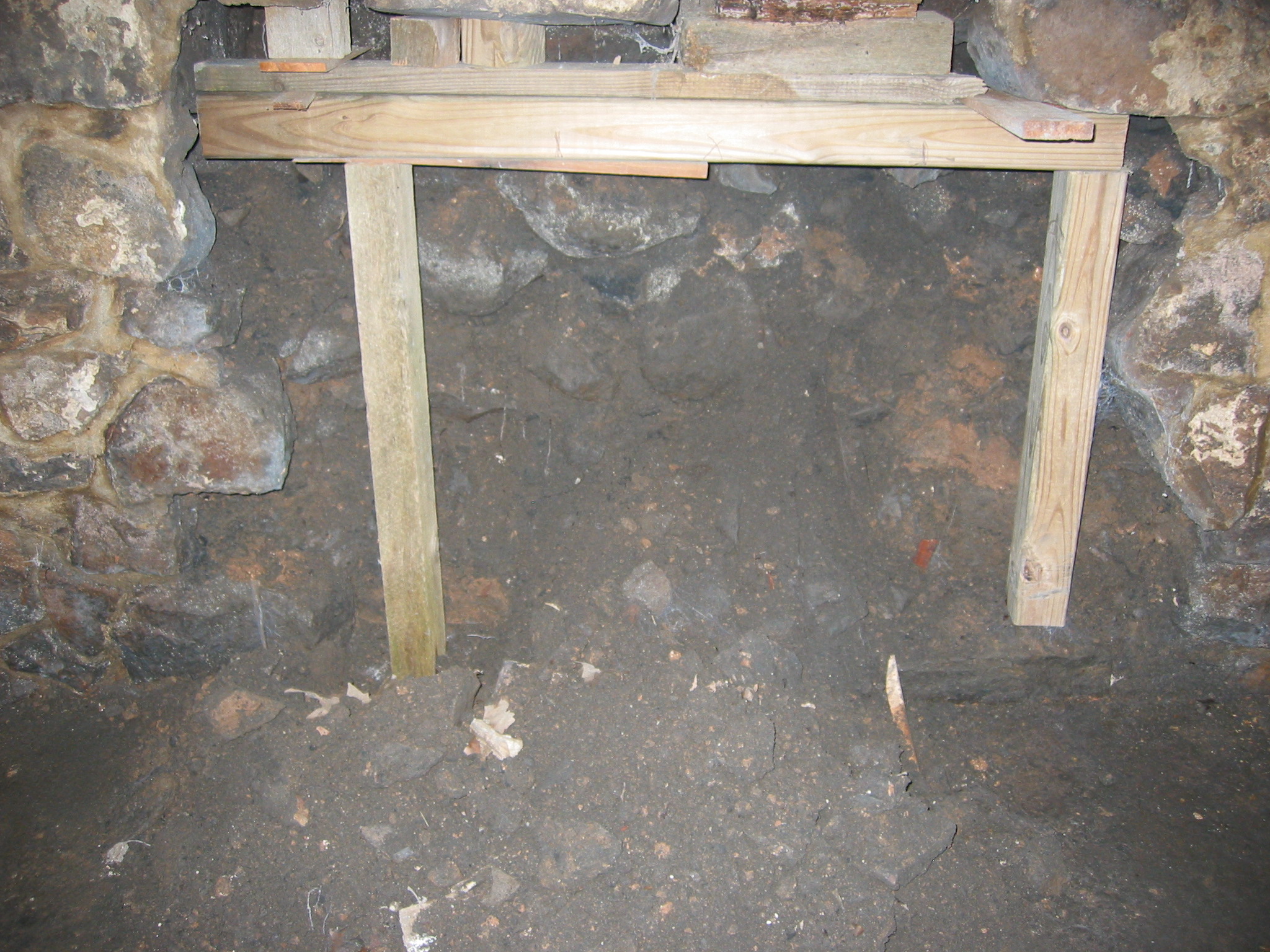[#669, 7/3/09]: shored cellar wall segment, soil & wall-stones on floor
