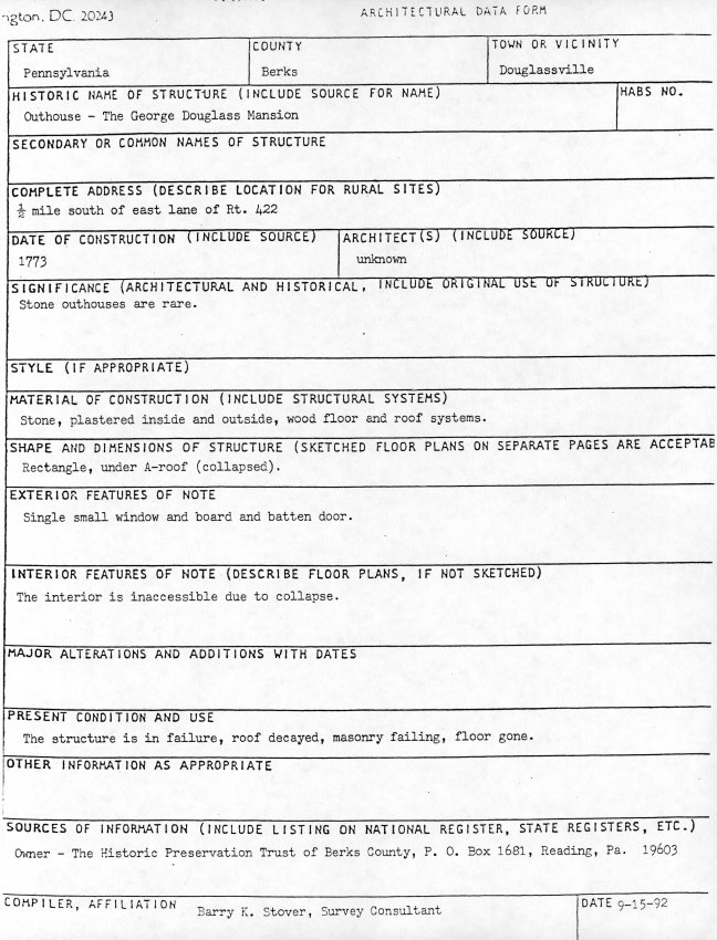 George douglass House, unfiled HABS data sheet (1992)