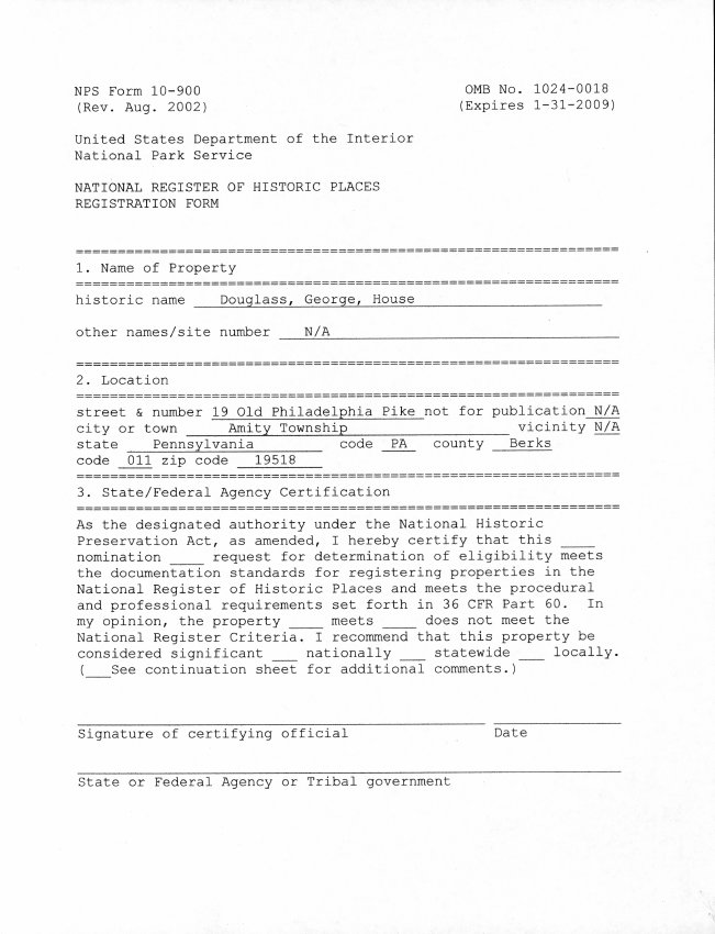 George Douglass House, National Register application, page #1 (2008)