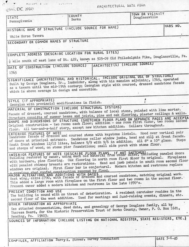 White Horse Inn, Unfiled HABS documents, page #1 (1985)