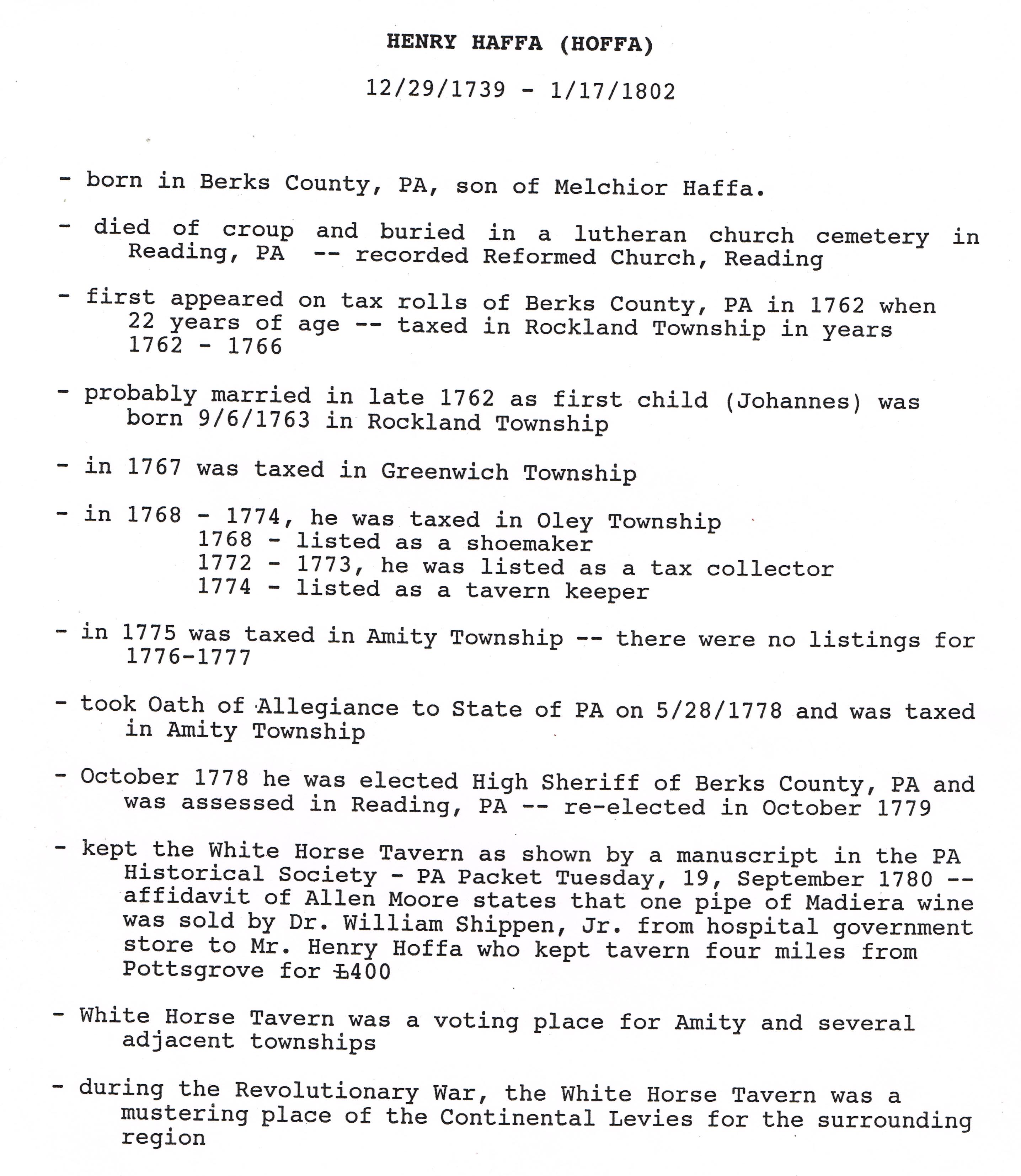 White Horse Inn, timeline for Henry Haffa, page#1
