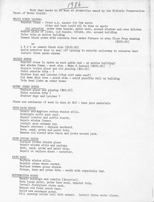General, list of restoration work needed on Trust properties (1986)