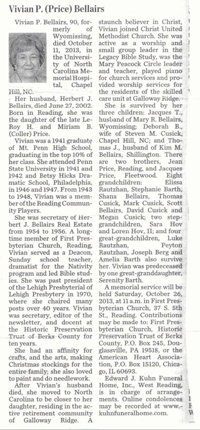 unknown newspaper of obiturary of Vivian P. (Price) Bellairs