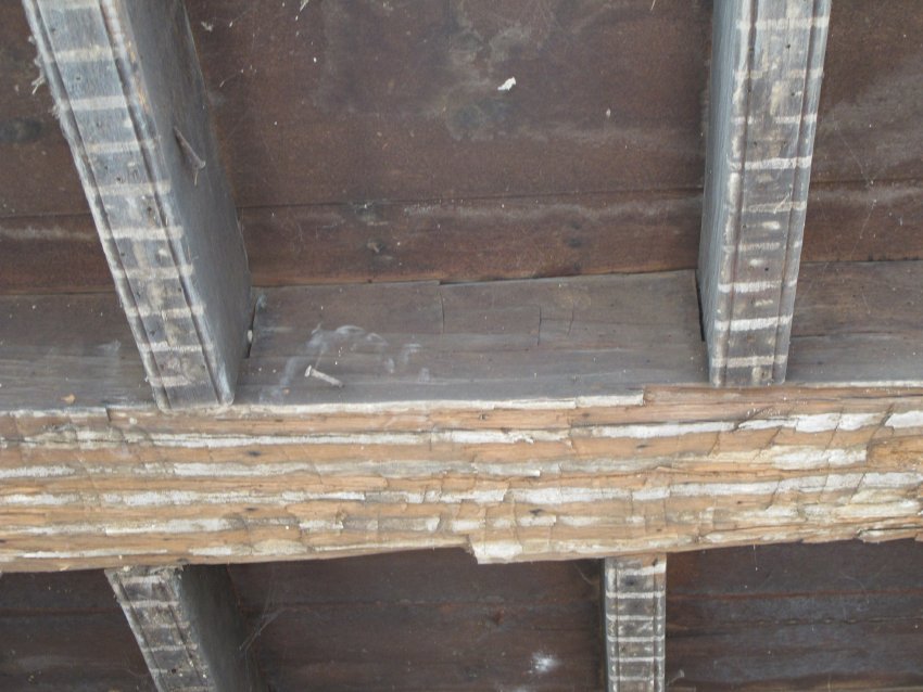 #8, 7717-Detail view of beaded Amity store joists, cut-down summer beam