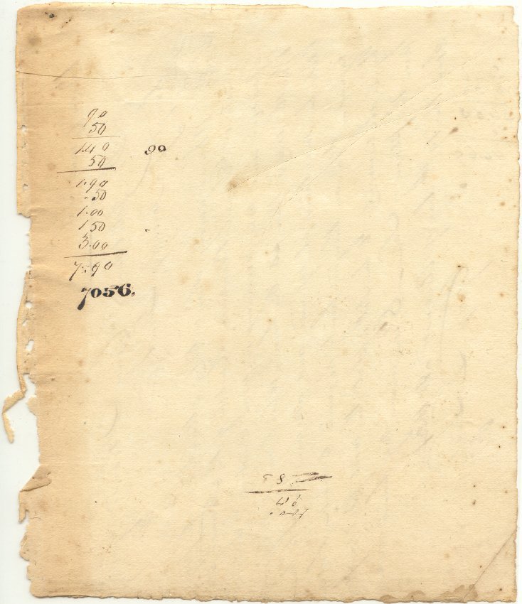 Back of letter showing hand written calculation.